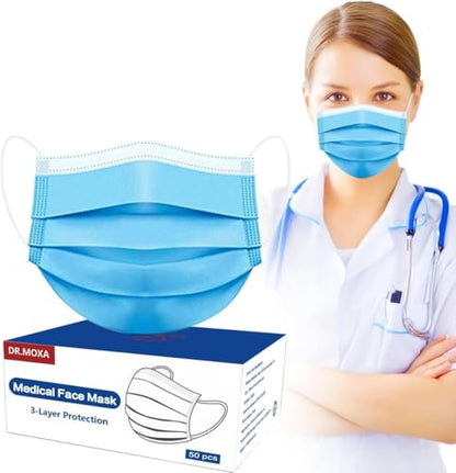 DR.MOXA 50 Pack Disposable Face Masks, Medical Grade 3 Ply Masks for Protection Blue - style: 50 Pcs