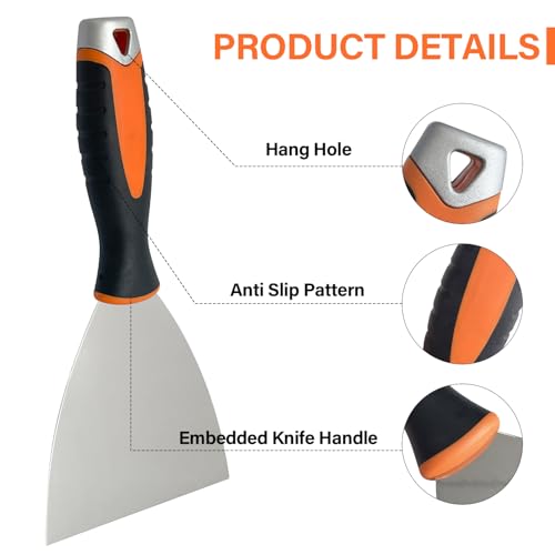 Drywall Hand Tool Kit, 5Pcs Stainless Steel Putty Knife Scrapers Taping Knife with Mud Pan for Drywall Repairing, Paint Scraping and Wallpaper Removing (6pcs-O) - color: 6pcs-o
