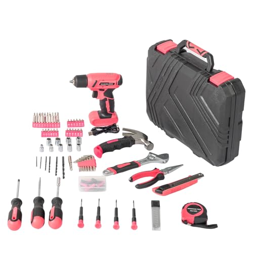 146 Pieces Drill Set,House Repairing Hand Tool Kits,Portable Complete Basic Repair General Hand Tool Sets for Men Women,Home Basic Repair Tool Kit,with Portable Case,for DIY Home Maintenance (Pink) - color: 146pcs-pink