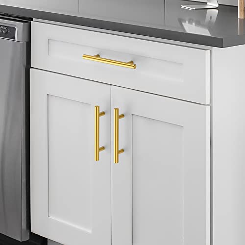 10 Pack Cabinet Handles with 3.75 Inch (96mm) Hole Center Brushed Brass Cabinet Pulls Stainless Steel Drawer Pulls, Kitchen Knobs for Dresser Drawer, 6 Inch Overall Length - color: Brushed Brass T-Shaped, size: 3-3/4" Hole Center