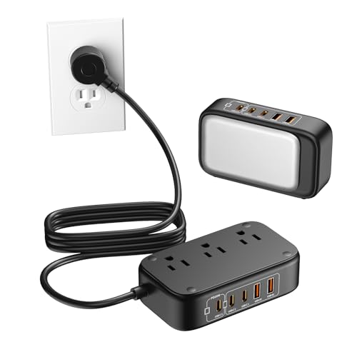 Portable Travel Power Strip 8-in-1 with PD20W Fast Charging 5 USB Ports 2500W AC Outlets 5FT Flat Plug Extension Cord for Home Office Travel - color: Pearl Black