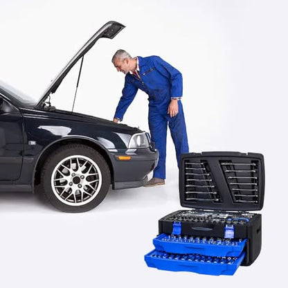 Mechanics Tool Set, 266-Piece General Tool Box with Drawer, Professional Hand Tool Kit for Home Repair & Automotive Maintenance, Durable Storage Case, Blue