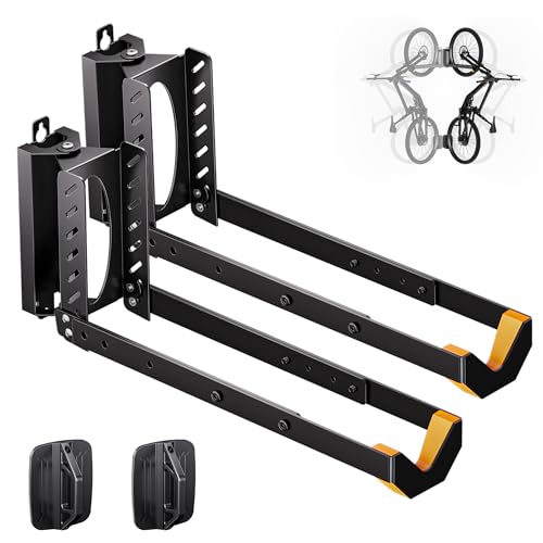 2 Pack Bike Wall Mount, Swivel Vertical No-Lift Bicycle Rack for Garage & Apartment Storage, 4 Sizes Adjustable Bike Wall Hanger Holds 77lbs, eBike MTB Road Bike Space-Saving Organizer