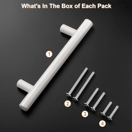Probrico 5 Pack Hole Centers (96mm) 3.75inch White Kitchen Cabinet Handles Stainless Steel White Cabinet Pulls Round T Bar Pull Handle for Cabinets and Drawers Total Length 6inch - color: White, size: Hole Centers: 3-3/4"