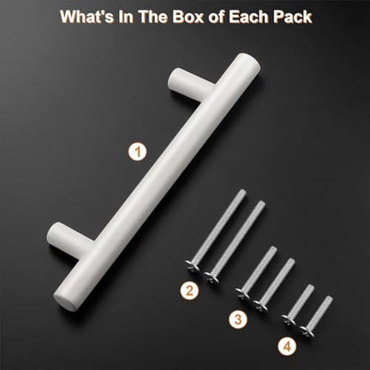 Probrico 5 Pack Hole Centers (96mm) 3.75inch White Kitchen Cabinet Handles Stainless Steel White Cabinet Pulls Round T Bar Pull Handle for Cabinets and Drawers Total Length 6inch - color: White, size: Hole Centers: 3-3/4"