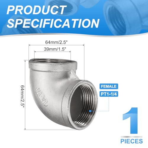 uxcell 304 Stainless Steel 90 Degree Elbow Threaded Pipe Fitting G1-1/4" Female to G1-1/4" Female Cast Pipe Fitting with Seal Tape for Plumbing Drainage Pipes Heating Systems - size: G1-1/4"