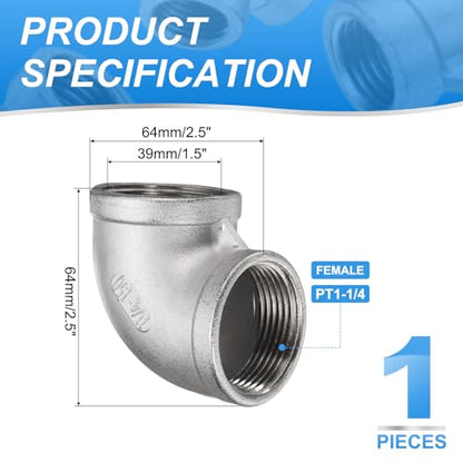uxcell 304 Stainless Steel 90 Degree Elbow Threaded Pipe Fitting G1-1/4" Female to G1-1/4" Female Cast Pipe Fitting with Seal Tape for Plumbing Drainage Pipes Heating Systems - size: G1-1/4"