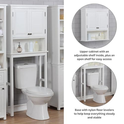 Alaterre Furniture Dorset Over-the-Toilet Storage Cabinet Set – Bathroom Organizer with Adjustable Shelf, Open Display Shelf, Zinc Hinges, and Nylon Floor Levelers (White) - size: Toilet Shelf + Cabinet