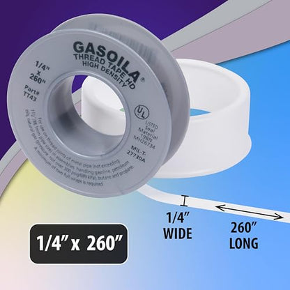 Gasoila PTFE Thread Seal Tape – Professional-Grade, 1/4 Inch x 260 Inch, High-Density Thread Tape for Plumbing, HVAC, Gas Lines, Water Pipes, and Air Compressors – Leak-Proof Seal, Non-Toxic - size: 1/4 Inch X 260 Inch Roll- 1 Pack