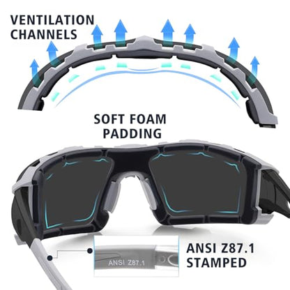 UKNOW Safety Glasses - Anti Fog Wraparound Lenses - Removable Foam Gasket - ANSI Z87.1 Protective Eyewear - Impact Resistant - color: Gray With Smoke Lens