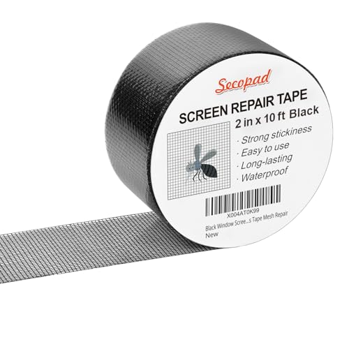 Secopad Black Window Screen Repair Tape, 2IN X 10FT Screen Repair Kit for Windows or Doors, Strong Adhesive Fiberglass Mesh Patch Tape - color: Black, size: 2IN X 10FT