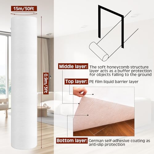 Amylove Temporary Floor Protection Anti Slip Carpet Protector Reusable Waterproof Temporary Flooring over Carpet Self Adhesive Padded Floor Covering, Paint Proof, Protects Hardwood and Tile (50 Feet) - size: 3' x 50' (Rectangular)