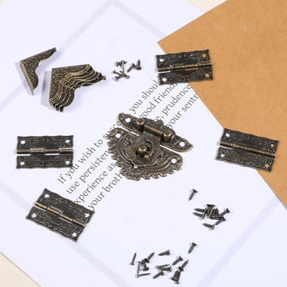 Jewelry Box Hardware, Antique Engraved Latch Hasp Jewelry Box Hinges and Corner Protectors Hardware Kit with Mounting Screws for Decorative Cabinet Small Wooden Boxes