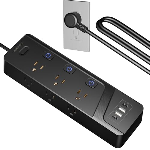 Surge Protector Power Strip with Individual Switches - 6 Wide Spaced Outlet 4 USB Ports(2 USB C), 6 ft Extension Cord with Switch On/Off, 1500J, 3 Prong Flat Plug, Wall Mount for Home Office - color: Black, size: 6 FT