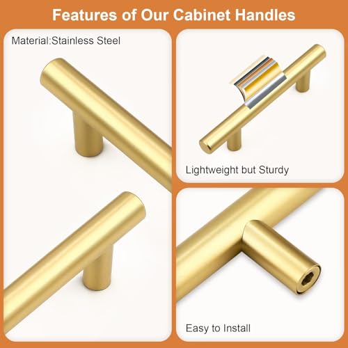 Probrico 5 Pack Hole Centers (76mm) 3inch Gold Kitchen Cabinet Handles Stainless Steel Polished Gold Cabinet Pulls Round T Bar Pull Handle for Cabinets and Drawers Total Length 5inch(127mm) - color: Gold, size: Hole Centers: 3"