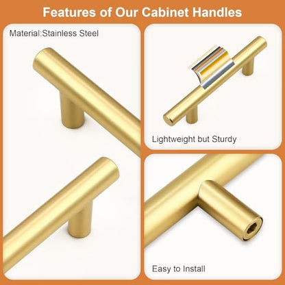 Probrico 5 Pack Hole Centers (76mm) 3inch Gold Kitchen Cabinet Handles Stainless Steel Polished Gold Cabinet Pulls Round T Bar Pull Handle for Cabinets and Drawers Total Length 5inch(127mm) - color: Gold, size: Hole Centers: 3"