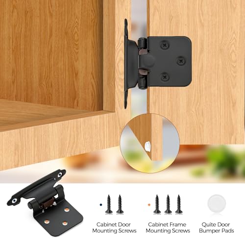4 Pack (2 Pairs) Matte Black Cabinet Hinges for Kitchen Doors, Self-Closing, 1/2 Inch Overlay (Variable), Semi-Concealed Face Frame, Surface Mount Cabinet Hardware - color: Matte Black