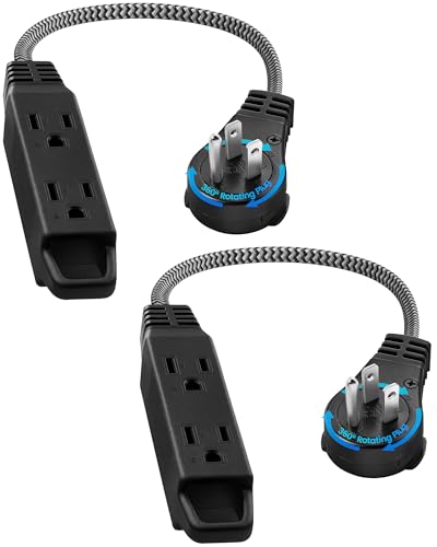 SURAIELEC 1FT 360° Rotating Flat Plug Extension Cord Flat Wall Plug with 3 Outlets, Braided Flat Black Extension Cord for Indoor Use, Small Space, 16/3C SPT, ETL Listed, 2 Pack - color: Black, size: 1FT
