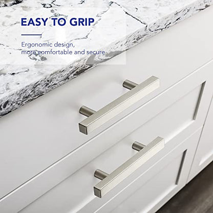 10 Pack Brushed Nickel Cabinet Handles with 3 Inch (76 mm) Hole Center, Square Kitchen Hardware for Cabinets & Drawers, Stainless Steel Pulls, 5 Inch Overall Length - color: Brushed Nickel Square T-Shaped, size: 3" Hole Center