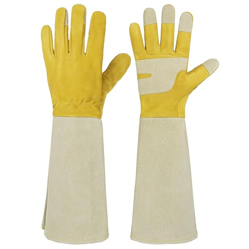 HANDLANDY Rose Pruning Gardening Gloves for Men Women, Thorn Proof Forearm Protection Leather Garden Gloves, Gardening Gifts for Gardeners (Butter Yellow, Small) - color: Butter Yellow, size: Small (Pack of 1)