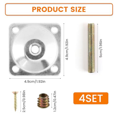4-Piece Table Leg Mounting Plate, Heavy Duty Steel Table Leg Brackets with M8 Hanger Bolts and Screws, Furniture Hardware Attachment Plates for Sofa Couch and Chair Repair