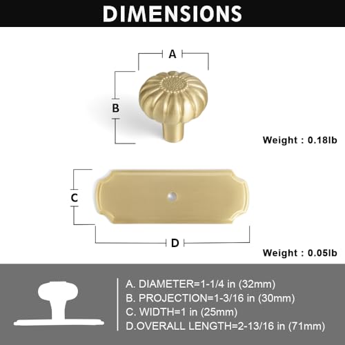 Solid Brass Cabinet Knob with Backplate, Brushed Brass Pumpkin Drawer Pull for Kitchen, Bathroom Handle, 6 Pack - color: Pure Brass, size: Knob