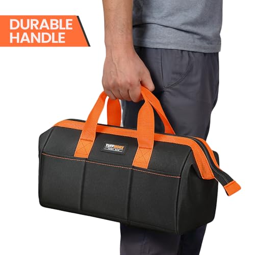 Tool Bag, Large Tool Organizer Bag with 18 Pockets,15.7x 11.4x 9.8 inch, Heavy Duty 600D Fabric, Black and Orange - size: 14.2inch