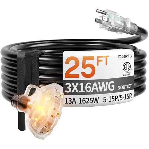 25 ft 16/3 awg 3 Outlet Extension Cord Splitter with Indicator, Waterproof Outdoor Extension Cord with Multiple Outlets, 13A 1625W for Home & Workshop, ETL Listed, Black SJTW - color: Black, size: 25ft