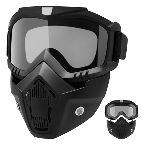 Mask with Detachable Goggles for Riding and Cutting, Anti-Ultraviolet Radiation, Anti-Dust, Anti-Fog HD Lens, Large Viewing Hood, Bluetooth Headset Compatible, Black