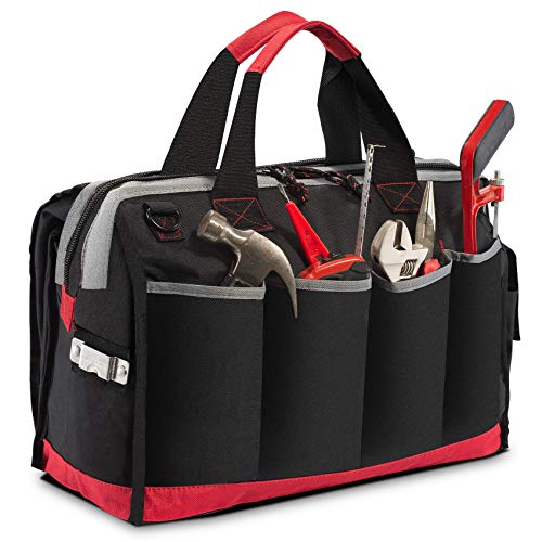 Tool Bag, Waterproof Tool Bags for Men or Women, 16-inch Wide Mouth Tool Bag Organizer with 25 Pockets for Tool Storage Bag, with Adjustable Shoulder Strap (Black/Red)