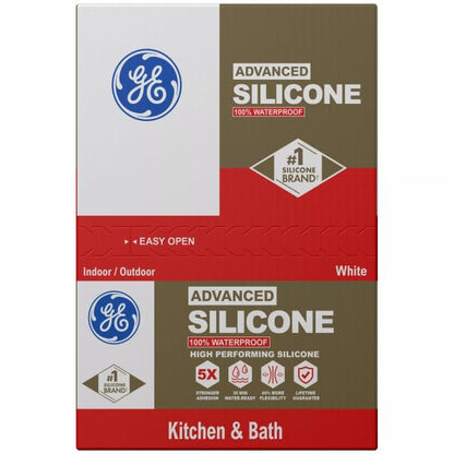GE Advanced Silicone Caulk for Kitchen & Bathroom, White, 10 fl oz Cartridge, 12 Pack - 100% Waterproof Silicone Sealant, 5X Stronger Adhesion, Shrink & Crack Proof - color: White, size: Pack of 12