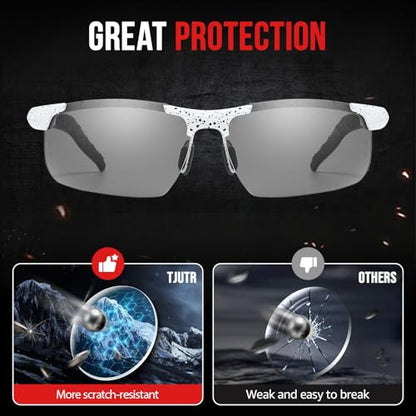 TJUTR Mens Photochromic Sunglasses Day & Night Driving Z87 Sun Glasses Polarized UV400 Protection Safety Glasses - color: B White Black Dot/Z87 Photochromic Polarized Safety Lens