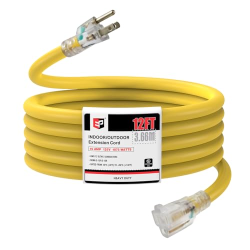 EP 12 Ft Lighted Extension Cord - 12/3 SJTW Heavy Duty Yellow Extension Cable with 3 Prong Grounded Plug - Power Cord for Lawn, Garden, Appliances - color: Yellow, size: 12ft