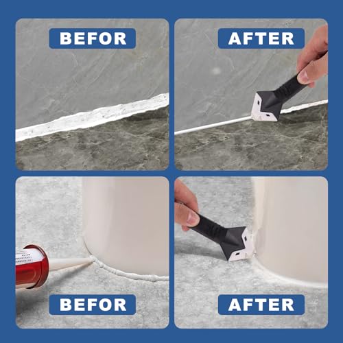 Professional 3-in-1 Silicone Caulking Tool Set, Sealant Finishing Tools with Replaceable Scraper Heads, Multiple Angle Grout Remover for Bathroom Kitchen Window Sink Joints