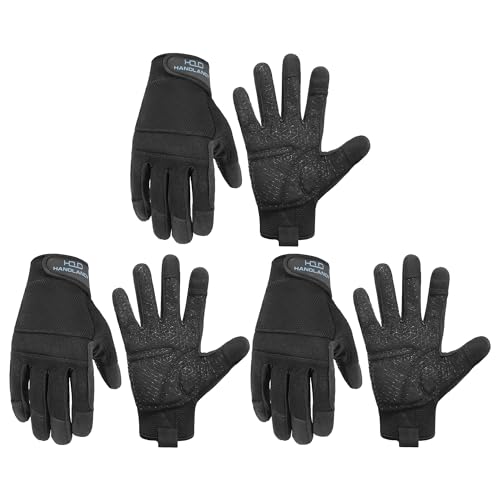 HANDLANDY Grip Work Gloves for Women Men, Safety Utility Yard Working Gloves, Flexible Touch Screen Mechanics Gloves (Black-Grip, Medium (Pack of 3)) - color: Dark Black (3 Pairs), size: Medium