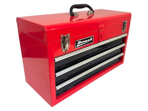 Homak Metal Tool Box, 20-inch, Portable Tool Box with 3 Drawers, Small Tool Chest with EVA Liners, Ball Bearing Slide Drawers Locking & Gloss Finish, Multi-Function Tool Organizer - color: Red, size: 3-Drawer