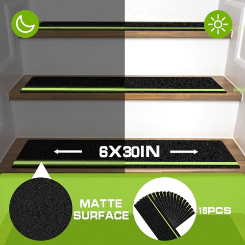 LadyRosian Outdoor Stair Treads Non Slip 15-Pack Black Glow 6" x 30" - Weather Resistant Adhesive Heavy Grip Tape - Waterproof Anti Skid Strips- Glow in The Dark 80-Grit Adhesive Treads - color: Dark, size: 6" x 30"