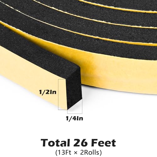 ToLanbbt Black Door Window Weather Stripping Self Adhesive Foam Tape High Density Foam Sealing Strip Window Insulation Weatherproof Gasket Tape 1/2" Wide X 1/4" Thick, 13 Ft X 2 Rolls, Total 26 Feet - color: Black, size: 1/2 In x 1/4 In x 26Ft