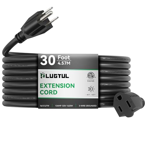 PLUGTUL Extension Cord 30 FT, 16/3 Outdoor Extension Cord Waterproof, Heavy Duty 3 Prong Extension Cord Black, 13A 1625W SJTW, ETL Listed, Great for Garden and Home - size: 30FT