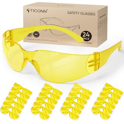 TICONN Clear Safety Glasses for Men and Women, Safety Goggles with Scratch Impact Resistant Meets ANSI Z87.1 Standard - style: 24 Pairs Yellow
