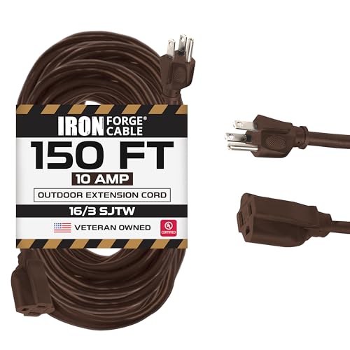 Iron Forge Cable Outdoor Brown Extension Cord 150 ft - 16 Gauge 10 Amp Heavy Duty Brown Outdoor Extension Cords 3 Prong - 16/3 SJTW Great for Outdoor - color: Brown, size: 150 Ft