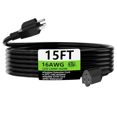HUANCHAIN 15 FT 16 Gauge Black Indoor Outdoor Extension Cord Waterproof, Flexible Cold Weather 3 Prong Electric Cord Outside, 13A 1625W 125V 16AWG SJTW, ETL Listed - color: Black, size: 15ft, style: 16/3 Extension Cord