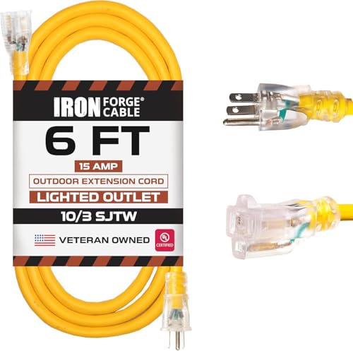 Iron Forge Cable Outdoor Extension Cord 6 ft - 10 Gauge Outdoor Heavy Duty Extension Cord 15 AMP, 10/3 Yellow Power Cable SJTW Waterproof Jacket with 3 Prong Plug - color: Yellow, size: 6 Foot