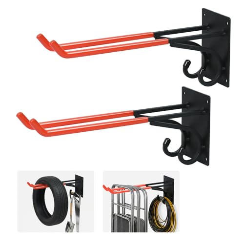 REEWII 14" Large Heavy Duty Garage Hooks,2 Pack Double-Layer Steel Wall Hook,Non-Slip Coated Gardening Tool Hook for Tool Organization, Shed Storage, Ladder Hook, Car Tire Storage - size: 2 Pack