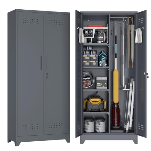 72.8" H Metal Garage Storage Cabinets, Metal Storage Cabinet with Hanging Rod & S-Hooks, Broom Closet Storage with Shelves, Functional Storage Cabinets for Garage, Warehouse, Grey - color: Grey, size: 72.8''H-Cleaning cabinet