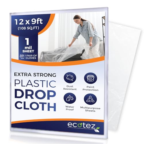 1 Pack 12 x 9 ft Extra Large Plastic Drop Cloth for Painting - Light & Durable Tarp Cover for Furniture - Plastic Clear Tarp Waterproof - Paint Floor Covering - Painters Drop Cloth Sheeting - size: 1 Sheet