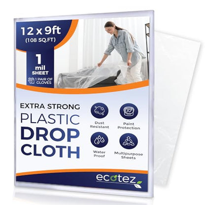 1 Pack 12 x 9 ft Extra Large Plastic Drop Cloth for Painting - Light & Durable Tarp Cover for Furniture - Plastic Clear Tarp Waterproof - Paint Floor Covering - Painters Drop Cloth Sheeting - size: 1 Sheet