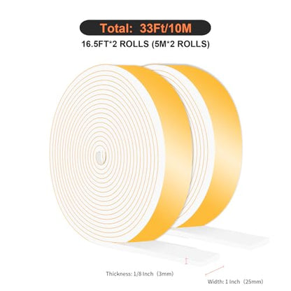 Weather Stripping Door Seal,Weather Stripping,Soundproof,Cold Insulation,High Density CR Foam Insulation Tape for Door, Front Door Frame, Windows,(White,1 in x 1/8 in x 33Ft) - size: 1 In x 1/8 In x 33 Ft