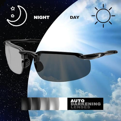 Birdz Skyline Auto-Darkening Safety Glasses Photochromic Transitional Sunglasses Black w/Anti-Fog and UV Protection ANSI Z87.1+