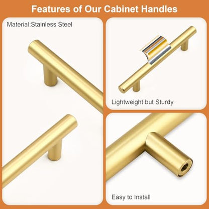 Probrico 5 Pack Hole Centers (96mm) 3.75inch Gold Kitchen Cabinet Handles Stainless Steel Polished Gold Cabinet Pulls Round T Bar Pull Handle for Cabinets and Drawers Total Length 6inch(150mm) - color: Gold, size: Hole Centers: 3-3/4"
